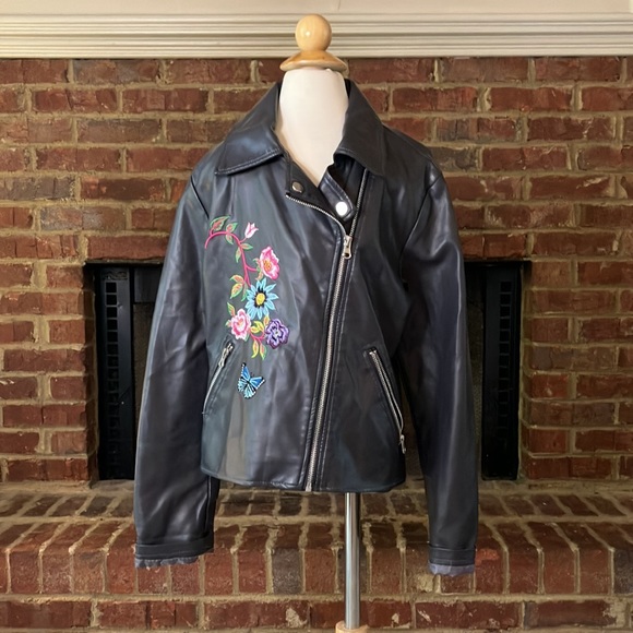 C&C California Dark Grey Embroidered Faux Leather Girls Biker Jacket Size 12 - Picture 11 of 11